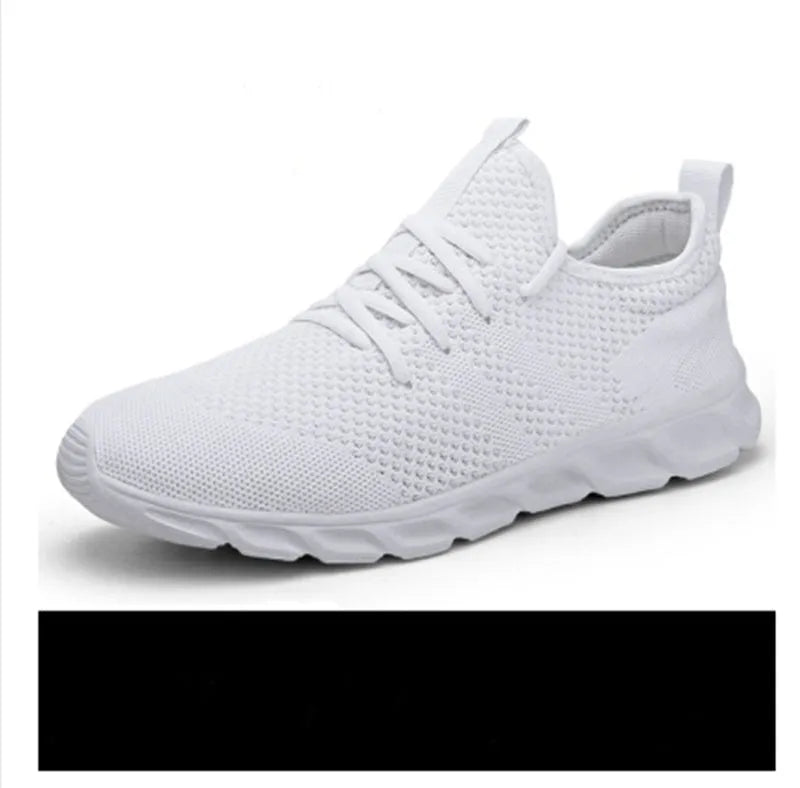 Men's black and white breathable mesh sneakers with lace-up closure and PVC sole.