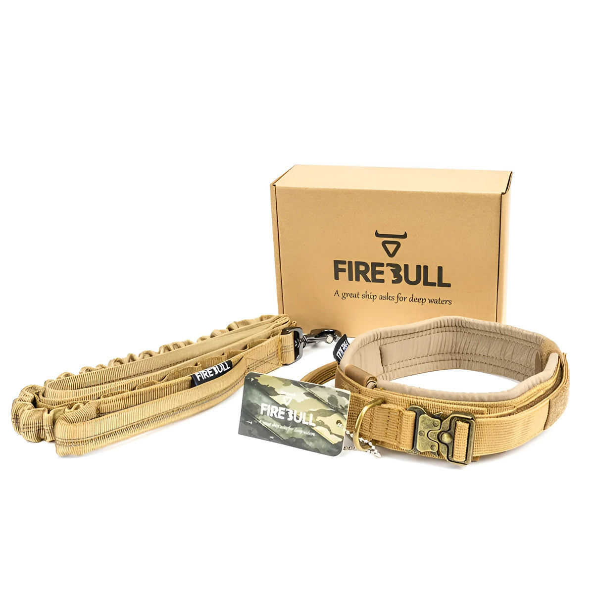 Nylon pet tactical collar leash set in grey with matching towing rope and package box on neutral background