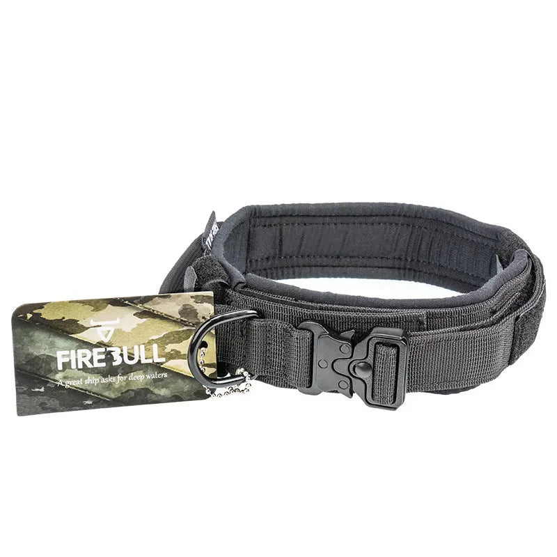 Nylon pet tactical collar leash set in grey with matching towing rope and package box on neutral background