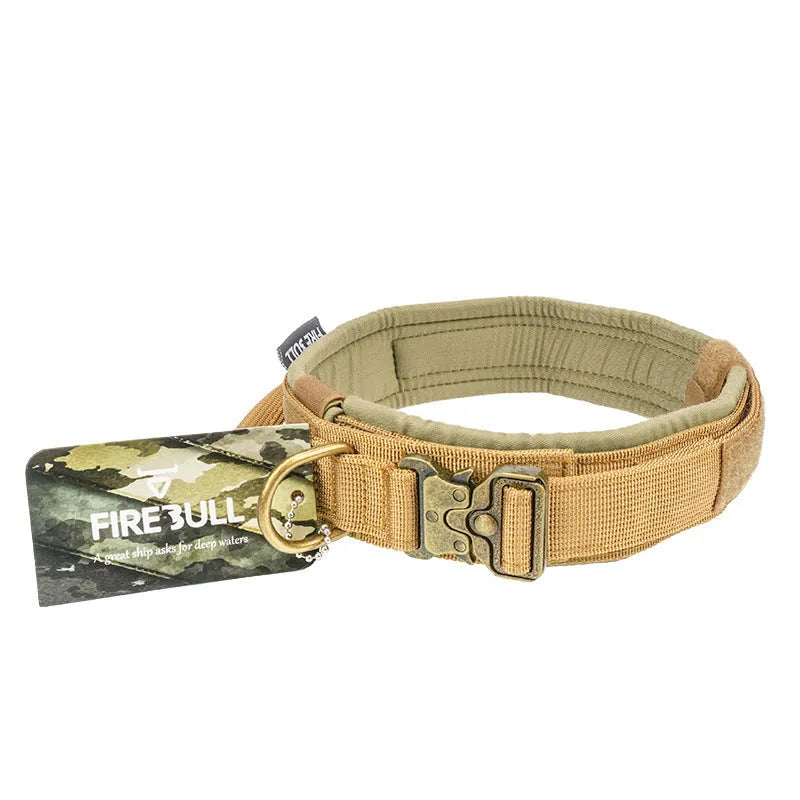 Nylon pet tactical collar leash set in grey with matching towing rope and package box on neutral background