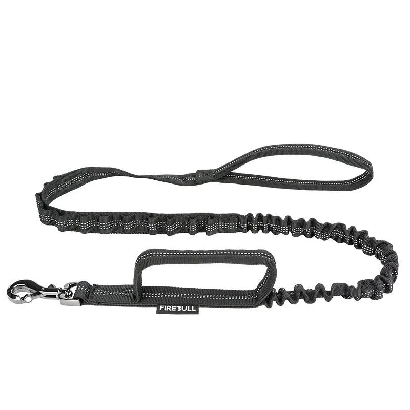 Nylon pet tactical collar leash set in grey with matching towing rope and package box on neutral background