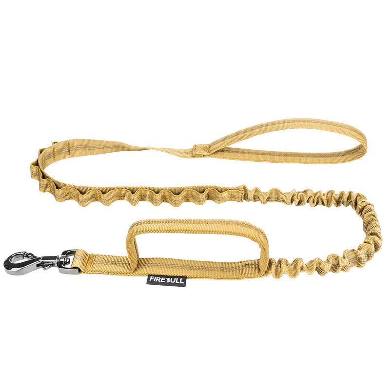 Nylon pet tactical collar leash set in grey with matching towing rope and package box on neutral background