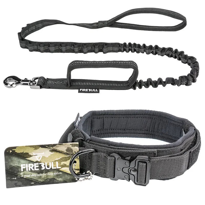 Nylon pet tactical collar leash set in grey with matching towing rope and package box on neutral background