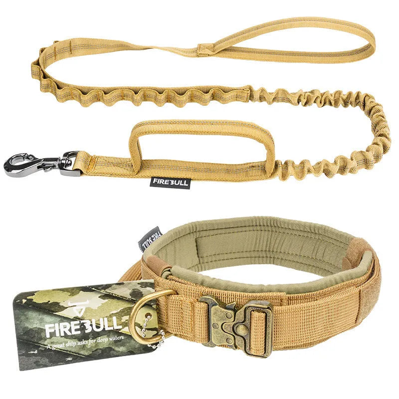 Nylon pet tactical collar leash set in grey with matching towing rope and package box on neutral background