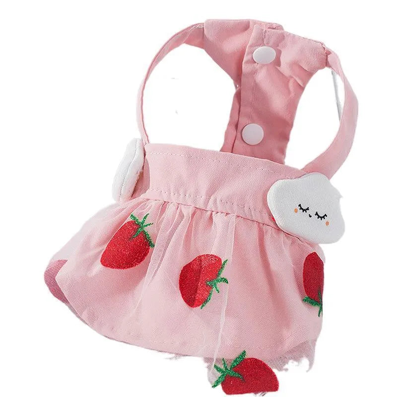 Pink strawberry princess dress for dog made from woven cloth on model