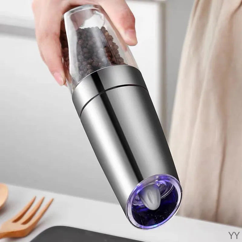 Electric gravity pepper grinder with adjustable coarseness ceramic burr, matte black ABS body, clear acrylic bottle