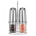 Electric gravity pepper grinder with adjustable coarseness ceramic burr, matte black ABS body, clear acrylic bottle