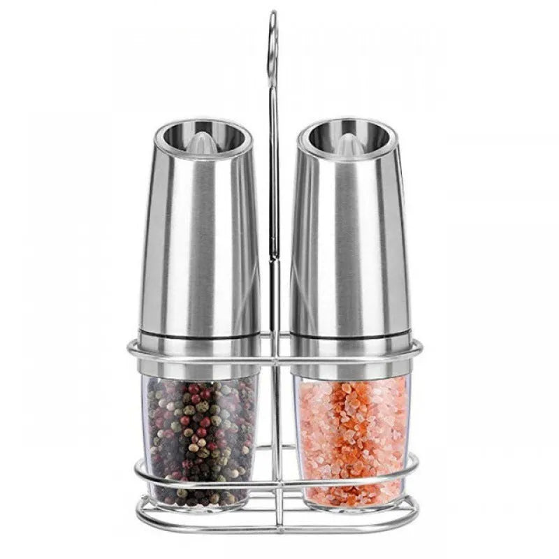 Electric gravity pepper grinder with adjustable coarseness ceramic burr, matte black ABS body, clear acrylic bottle