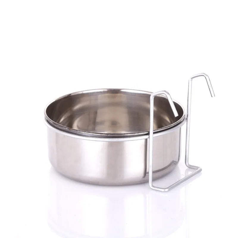 Six stainless steel pet food bowls with frames in sizes from 10cm to 20cm on a neutral background