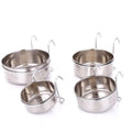 Six stainless steel pet food bowls with frames in sizes from 10cm to 20cm on a neutral background