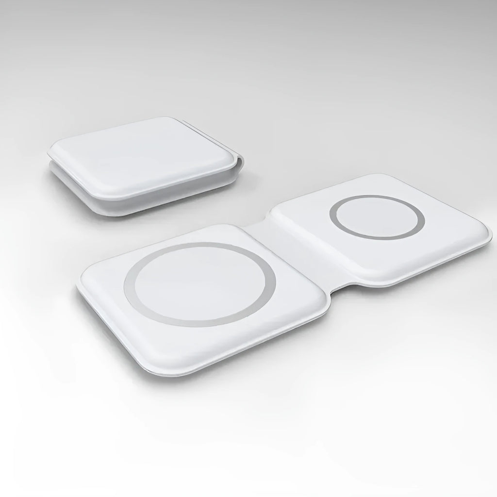White folding dual magnetic wireless charger with 180-degree adjustable stand