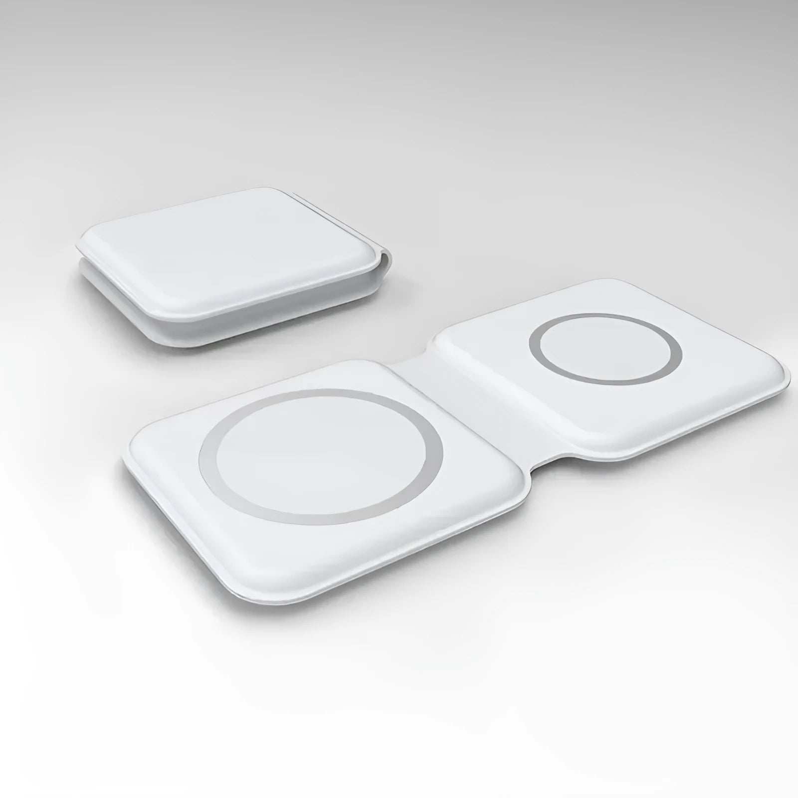 White folding dual magnetic wireless charger with 180-degree adjustable stand