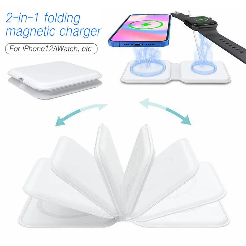 White folding dual magnetic wireless charger with 180-degree adjustable stand