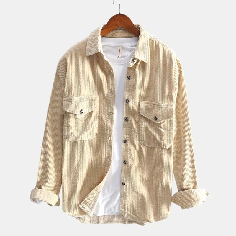 Men's thickened cotton corduroy shirt long sleeves slim fit in apricot colour for casual leisure