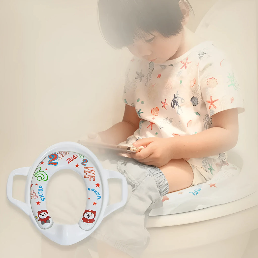 Children's walk-behind toilet with soft cushion seat in white, blue, green, and rose red colours