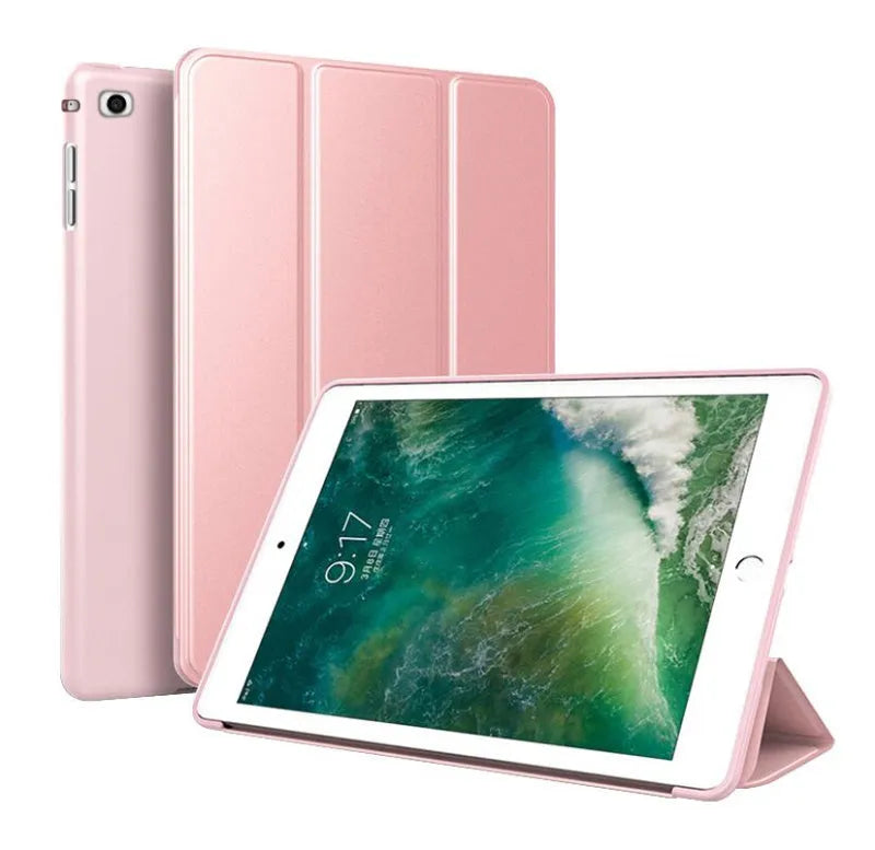 iPad clamshell protective case in black TPU, shown open next to an iPad tablet.