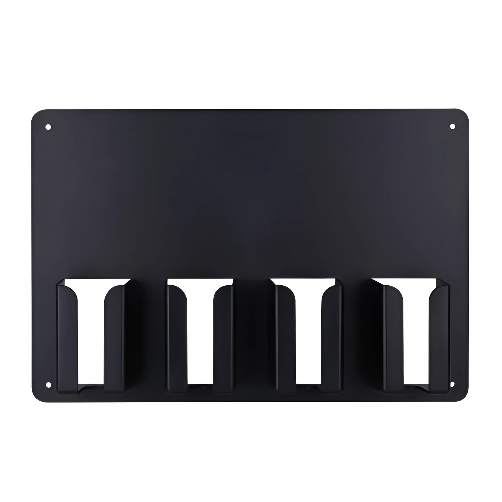 Black plastic wall-mounted storage box holding four electric hair clippers with screws included for installation