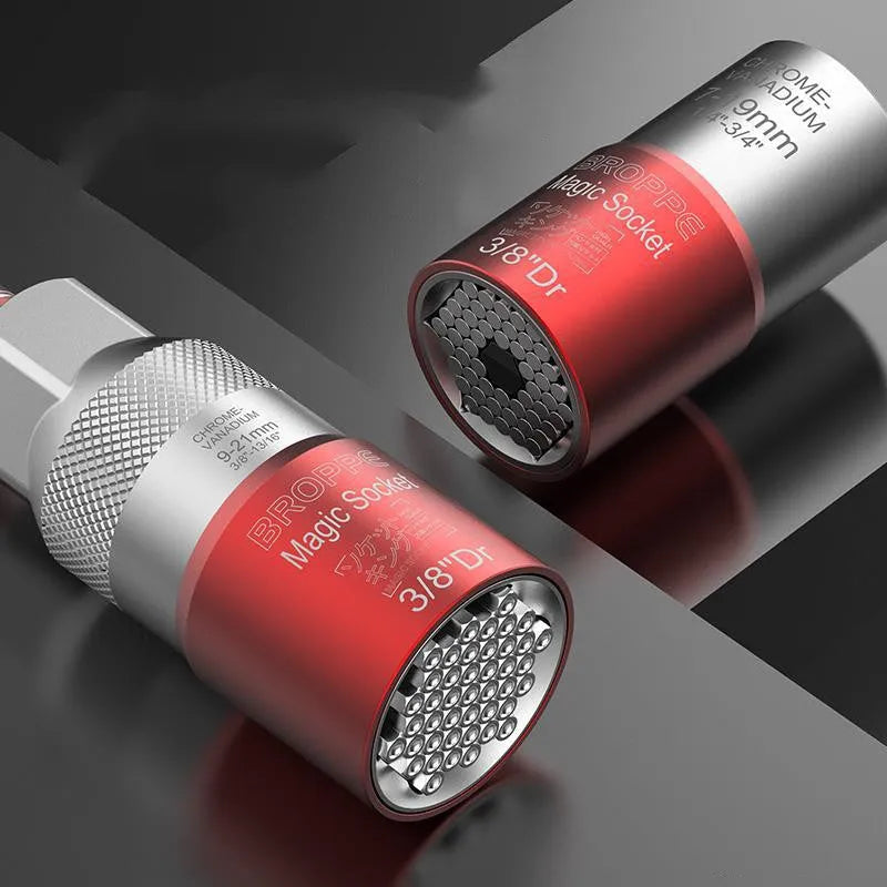 Red multi function socket set with universal sleeves 7-19mm and 9-21mm for wrench use