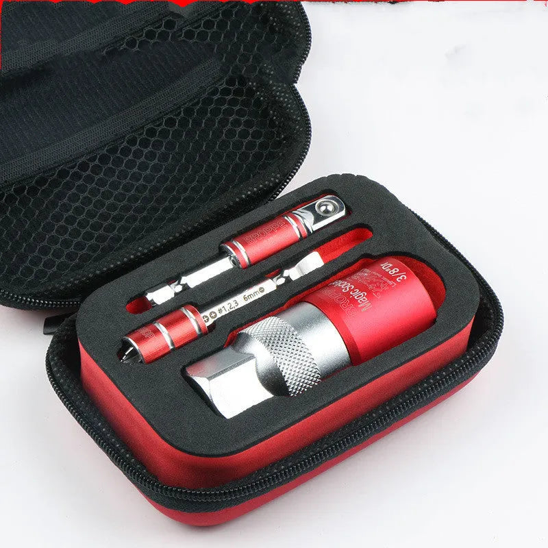 Red multi function socket set with universal sleeves 7-19mm and 9-21mm for wrench use