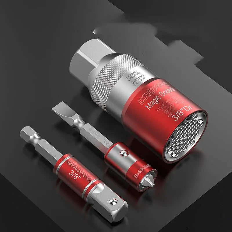 Red multi function socket set with universal sleeves 7-19mm and 9-21mm for wrench use