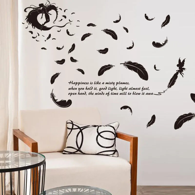 Black three generations feather angel removable wall sticker, 50 cm by 70 cm.