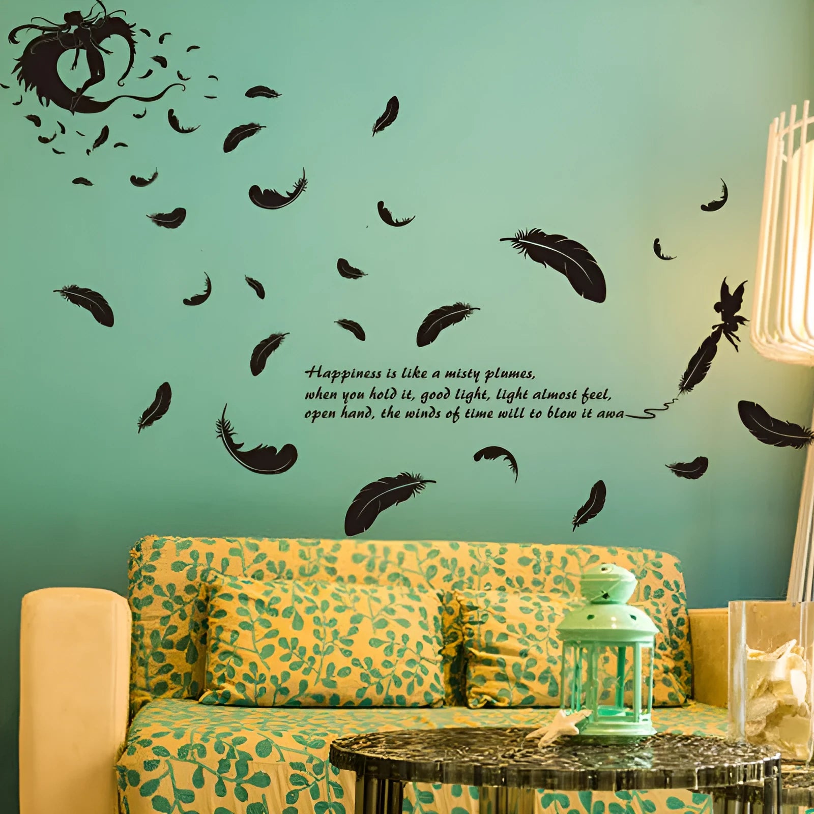 Black three generations feather angel removable wall sticker, 50 cm by 70 cm.