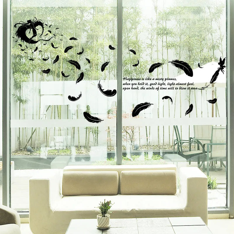 Black three generations feather angel removable wall sticker, 50 cm by 70 cm.