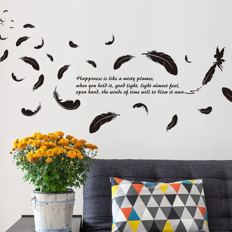 Black three generations feather angel removable wall sticker, 50 cm by 70 cm.