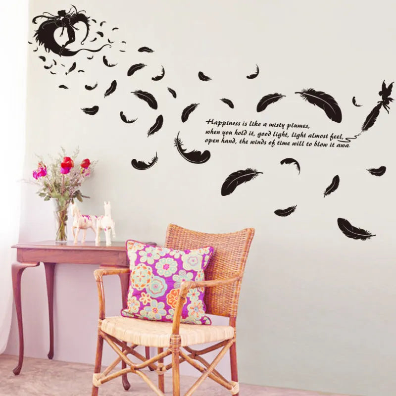 Black three generations feather angel removable wall sticker, 50 cm by 70 cm.