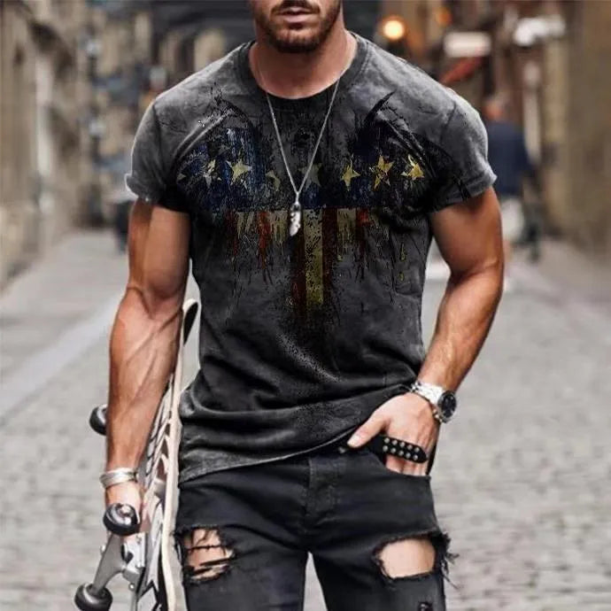 Vintage USA flag print O-neck short sleeve t-shirt for men in slim fit, mesh cloth, available up to 3XL