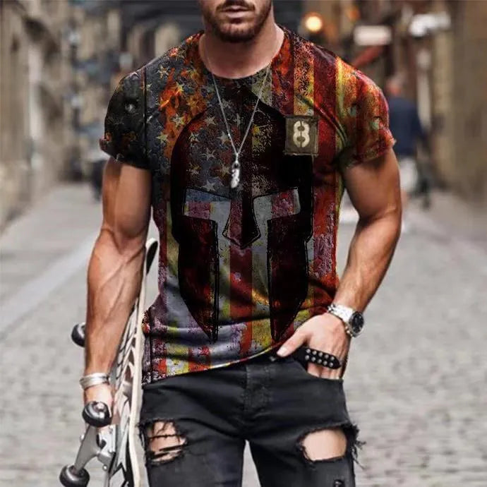 Vintage USA flag print O-neck short sleeve t-shirt for men in slim fit, mesh cloth, available up to 3XL