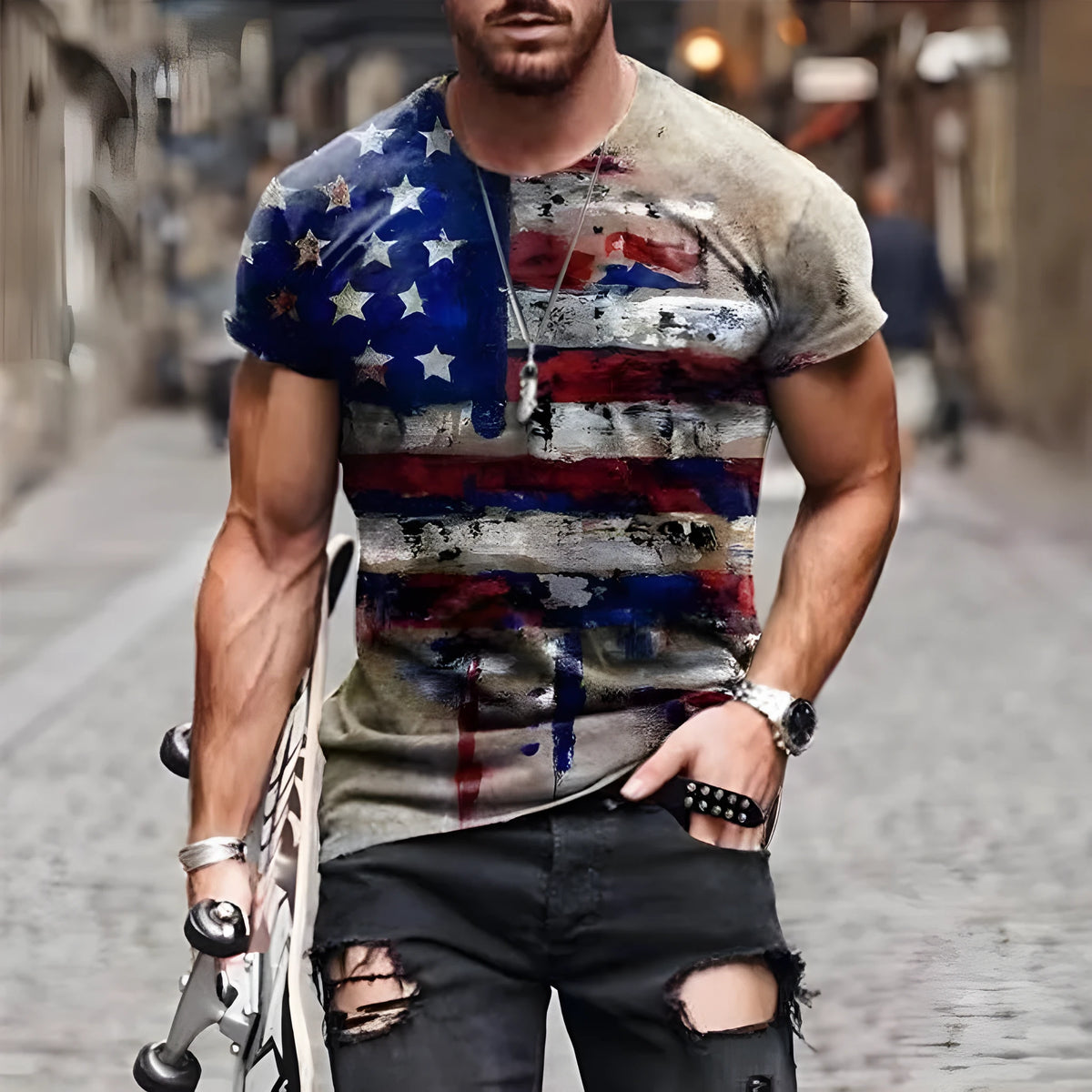 Vintage USA flag print O-neck short sleeve t-shirt for men in slim fit, mesh cloth, available up to 3XL