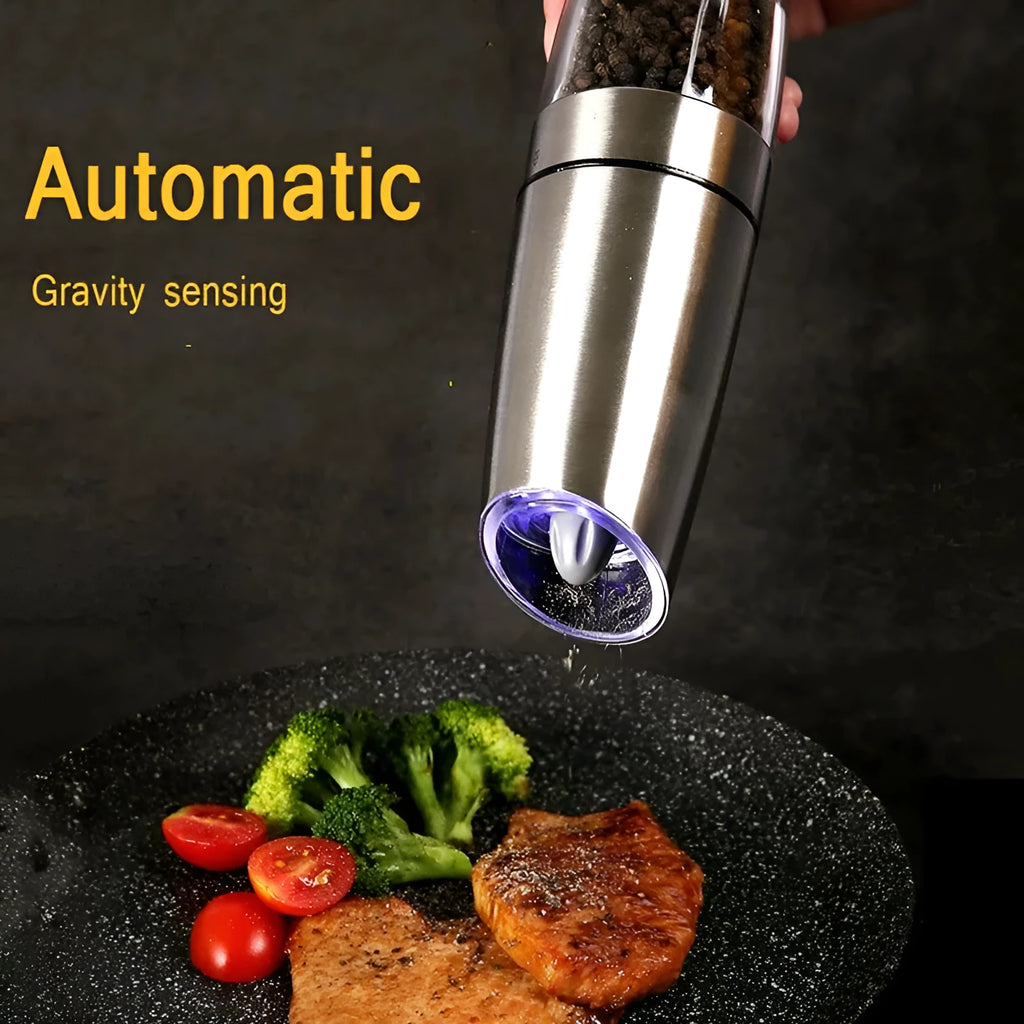 Electric gravity pepper grinder with adjustable coarseness ceramic burr, matte black ABS body, clear acrylic bottle