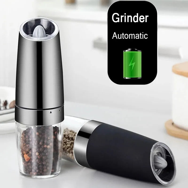 Electric gravity pepper grinder with adjustable coarseness ceramic burr, matte black ABS body, clear acrylic bottle