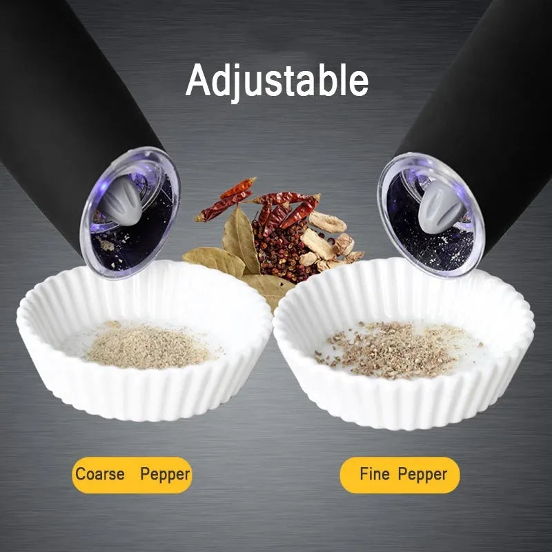 Electric gravity pepper grinder with adjustable coarseness ceramic burr, matte black ABS body, clear acrylic bottle