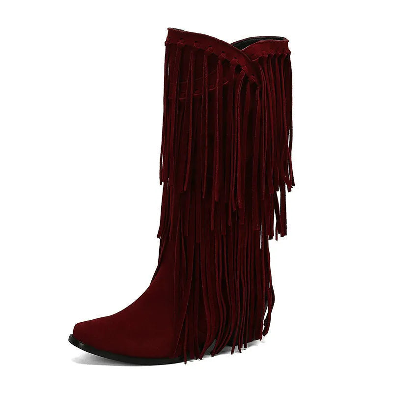 Women's suede high boots with tassel detail, chunky heel, and waterproof platform sole in beige colour.