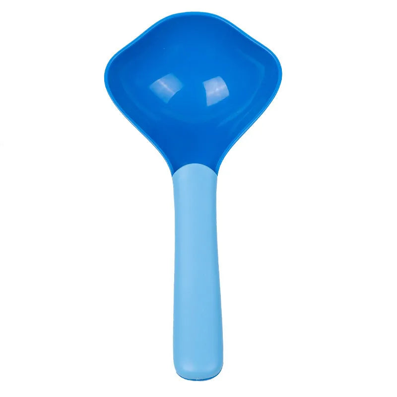 Plastic pet food spoon 21cm long with blue handle on white background