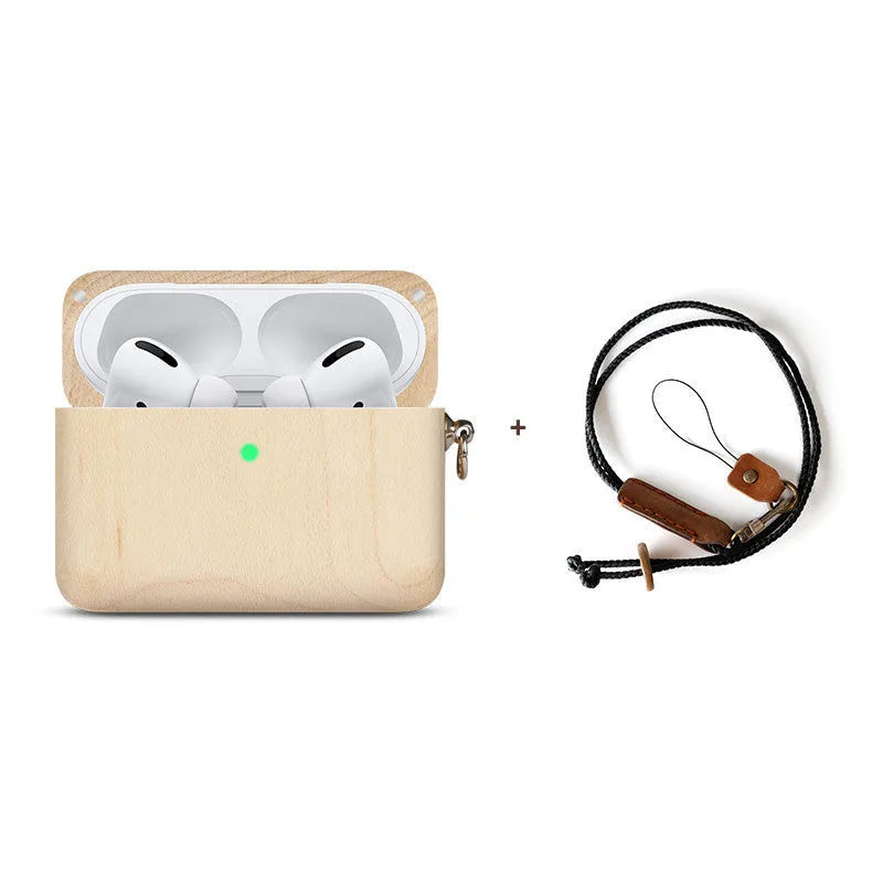 Solid wood Bluetooth earphone sleeve case in bamboo, cherry, huali, maple or walnut with lanyard option.