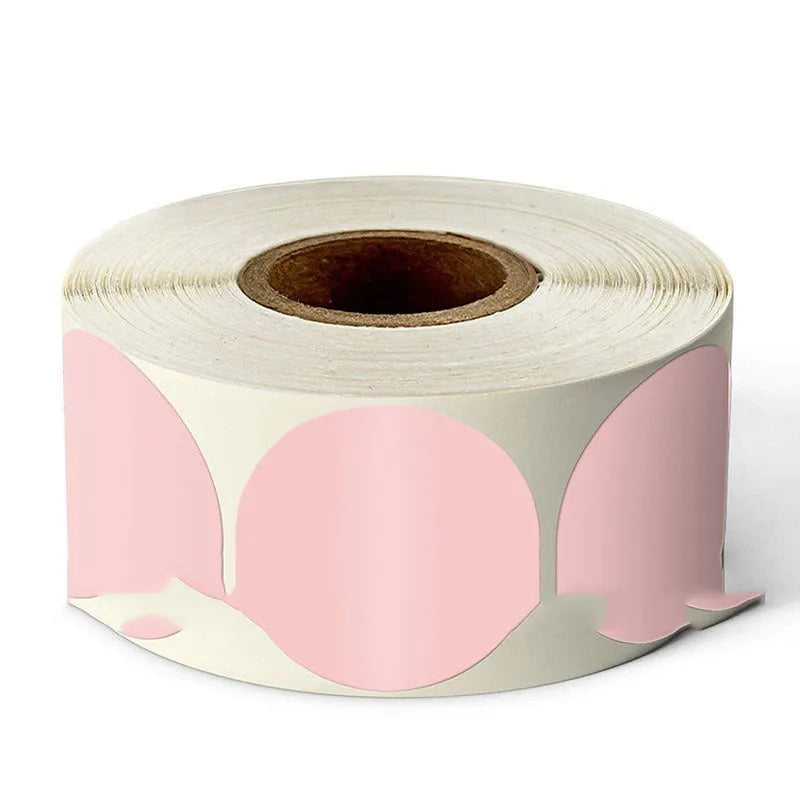 Roll of round coloured paper stickers for marking and sealing, showing colour options including kraft paper.