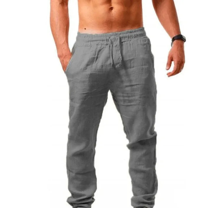 Breathable cotton linen loose sports trousers with drawstring waist in khaki, front view