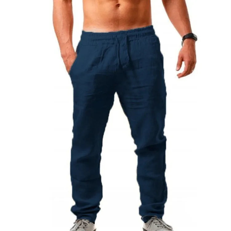 Breathable cotton linen loose sports trousers with drawstring waist in khaki, front view