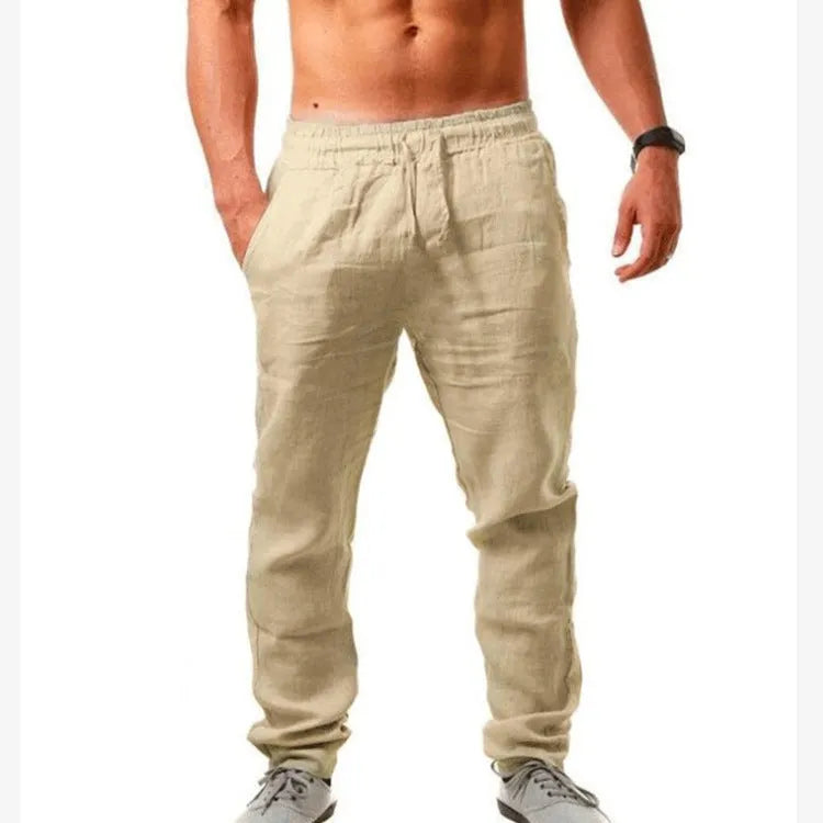 Breathable cotton linen loose sports trousers with drawstring waist in khaki, front view