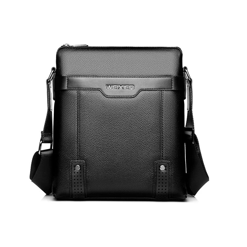 Black PU leather men's medium square shoulder bag with a zipper and single strap.