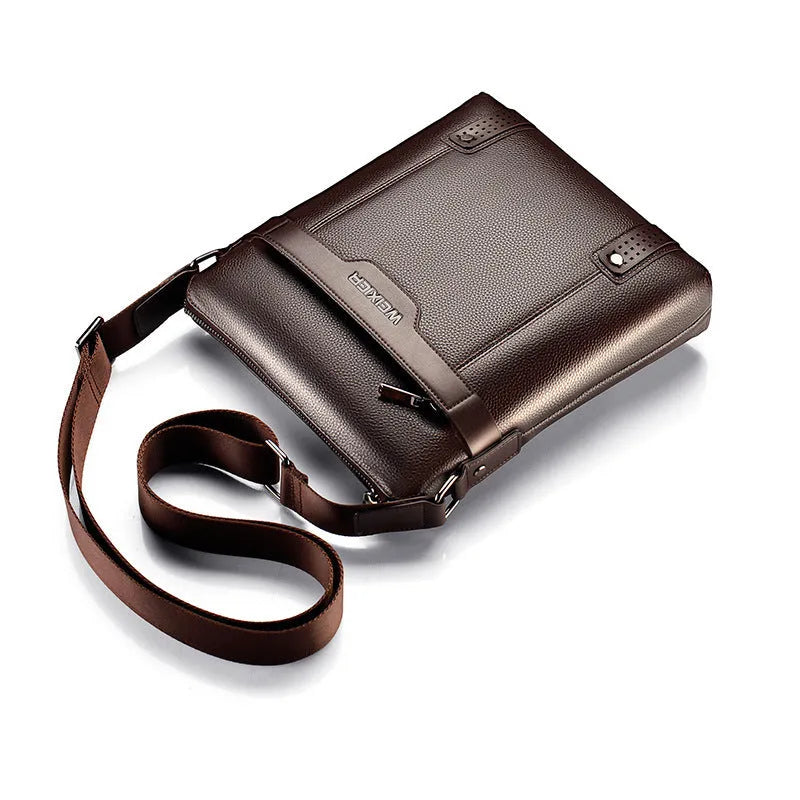 Black PU leather men's medium square shoulder bag with a zipper and single strap.