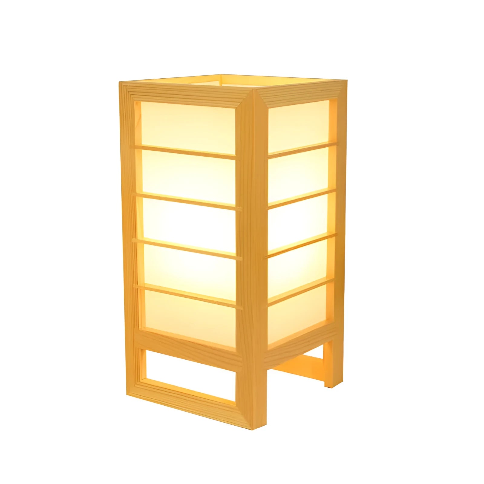 Simple Korean-style bedside table lamp with a solid bamboo wood base on a nightstand.