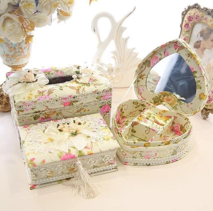 Ceramic jewellery storage box with tissue dispenser in bright colours showing removable ring and earring compartment