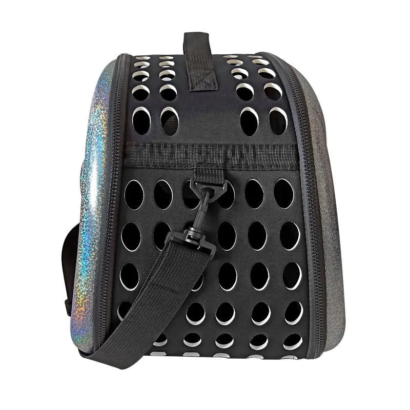 Black folding pet carrier bag with anti-tear mesh door and ventilation holes, for cats and small dogs.