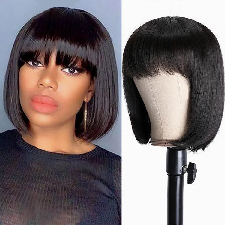 Unice black real human hair wig, 10-inch length, shown on a mannequin head.