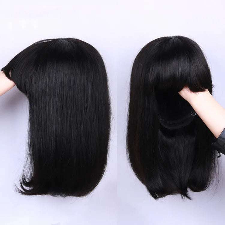 Unice black real human hair wig, 10-inch length, shown on a mannequin head.