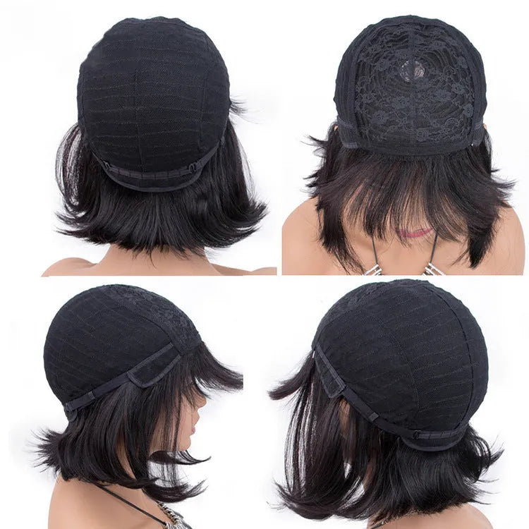 Unice black real human hair wig, 10-inch length, shown on a mannequin head.